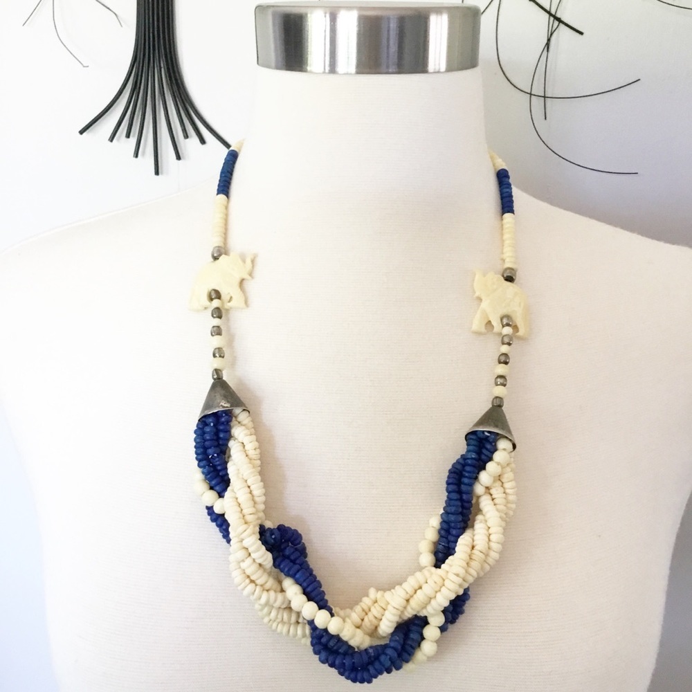 Vintage Elephant Blue & Cream Beaded Necklace